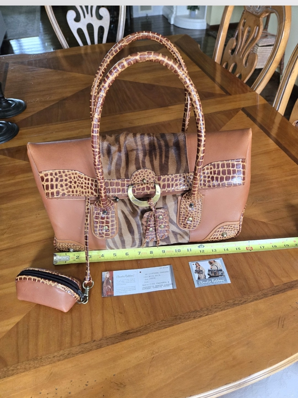 Women's Tan Animal Print Satchel Handbag with Croc Trim Claudia Roldani